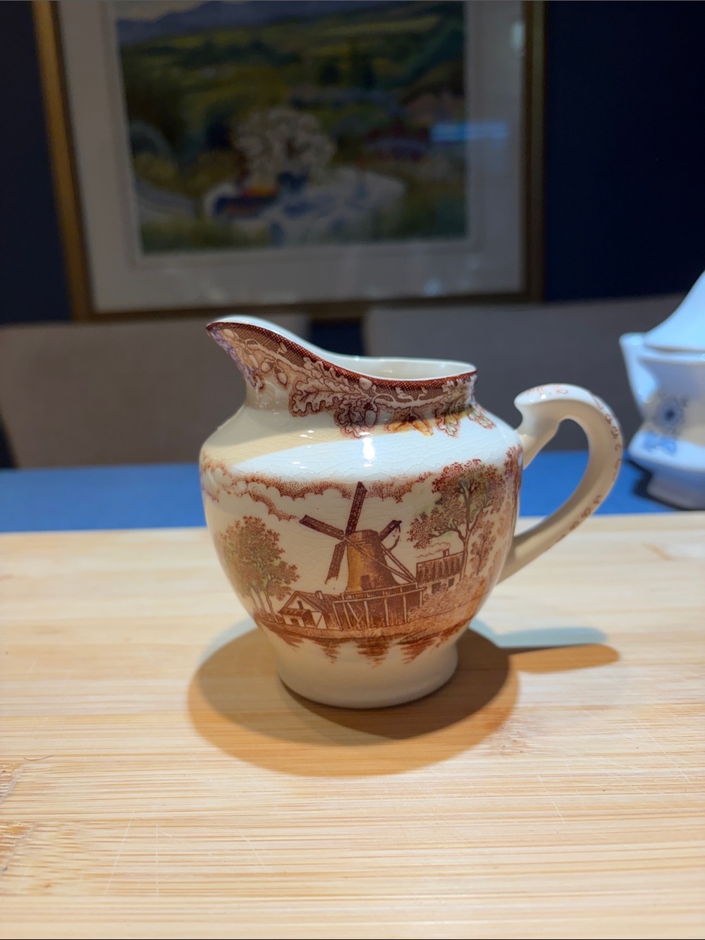 Classic Windmill Transferware Ceramic Creamer in Brown and Cream